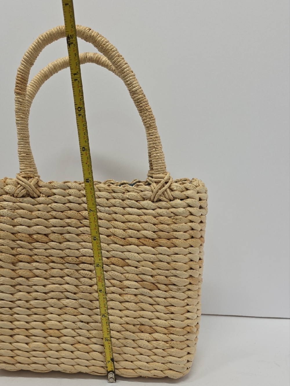 Woven Straw Bag with Blue Floral Accent-*Flaw Inside Side Pkt Zipper/fabric - Picture 4 of 9